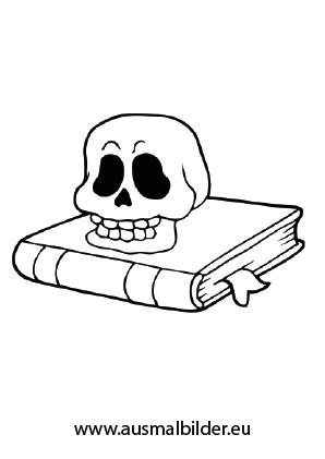 Ausmalbild Totenkopf auf einem Buch