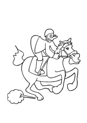 Ausmalbild Lustiges Rennpferd mit Jockey zum Ausdrucken
