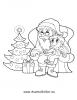 Ausmalbild Nikolaus sitzt am Weihnachtsbaum