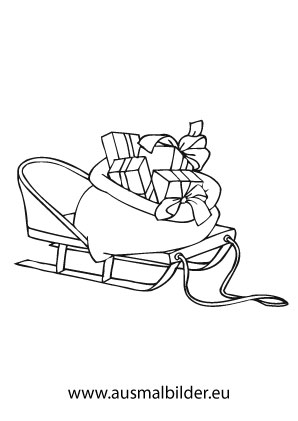 Ausmalbild Schlitten mit Geschenken