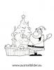 Ausmalbild Weihnachtsmann mit Geschenken und Baum