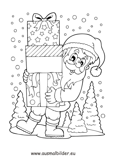 ausmalbild weihnachtsmann im schnee mit geschenken